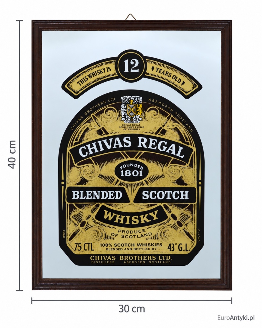 szyld Chivas Regal na lustrze z oznaczoną wysokością 40 cm i szerokością 30 cm